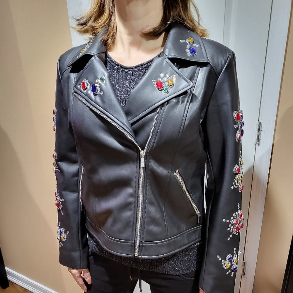 Bagatelle faux leather motorcycle jacket w/ colored design stones NWT